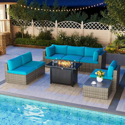 8 Pieces Outdoor Patio Furniture Set with 43" Fire Pit Table, Wicker Outdoor Patio Sectional Sofas with Coffee Table and Cushions, All-Weather Patio Conversation Set for Garden Backyard, Light Blue