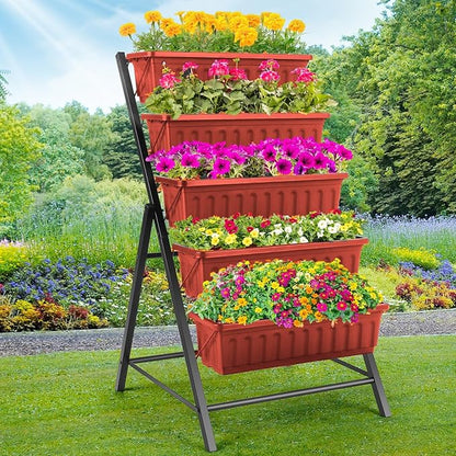 Homdox 5-Tier Elevated Garden Bed- Freestanding Vertical Raised Bed for Gardening, 5 Garden Planter Boxes and 5 Hooks, Perfect to Grow Vegetables Herbs Flowers Indoor(Brick Red)