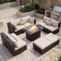 NICESOUL 29.3'' High Back Outdoor Patio Sectional Furniture with Firepit Table Natural Gas & Propane Convertible, 8 Seater Deep Wide Modern Couch, Extra Large Wicker Conversations for Backyard, Brown