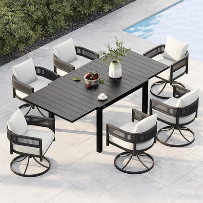 Grand patio 7-Piece Outdoor Dining Set for 6 with 1 Rectangle Expandable Table for 4-6 Person, Metal Woven Wicker Swivel Patio Chairs with Thickened Cushions for Yard, Poolside, Deck (Black)