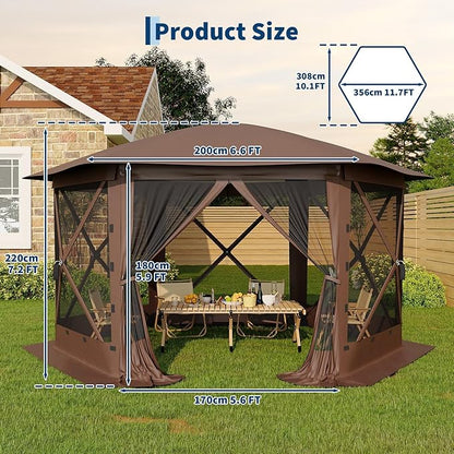 11.5x11.5FT 6-Sided Pop Up Gazebo Tent，One-Push Setup Canopy Tent with Mesh Panels & Removable Wind Cloths, Outdoor shelter for Camping, Backyard Parties, Outdoor Events - Beige & Khaki