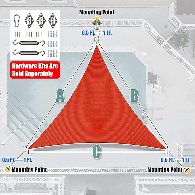 Amgo 16' x 16' x 16' Red Triangle Sun Shade Sail UPF50+ Canopy Awning AGSLT, 95% UV Blockage, Water & Air Permeable, 200GSM Heavy Duty Commercial and Residential (We Make Custom Sizes)