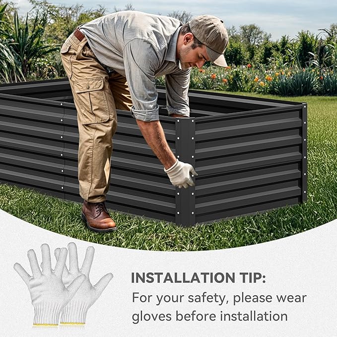 YITAHOME 6x3x2ft Outdoor Raised Garden Bed Kit, Large Metal Patio Planter Box with Gloves, Support Rod for Plants Vegetables Flowers, Black