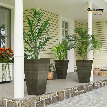 Outsunny Tall Planter for Outdoor Plants Set of 3, 28 Inch Taper Planter with Drainage Holes, Wood Grain Decor Garden Pot for Indoor Outdoor Porch Patio Backyard, Dark Brown