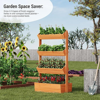 Vertical Wooden Raised Garden Bed Planters Wood Planter Kit Plant Stand Flower Rack Planter Box Gardening for Plants Herbs Flowers Vegetables Outdoor Indoor Freestanding (Orange 4-Tier)