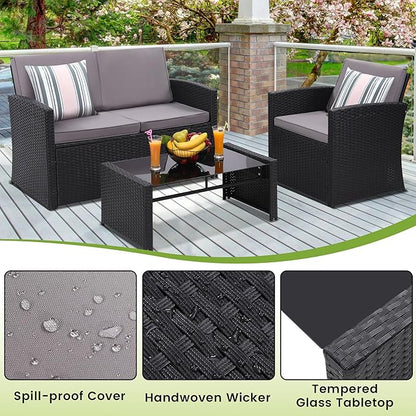 4-Piece Patio Furniture Set, Wicker Outdoor Rattan Sectional Sofa with Cushions and Glass Table, All-Weather Outdoor Conversation Set, Ideal for Garden, Porch, Backyard, Grey