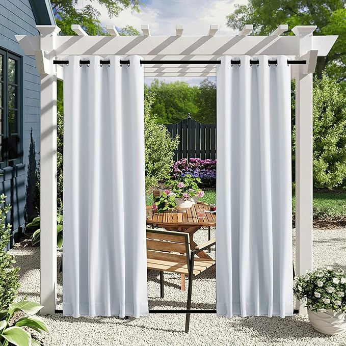 NICETOWN 2 Panels Outdoor Curtains with Grommet & Back Tab on top and Bottom for Patio Waterproof, Windproof Privacy Cold & Heat Blocking for Cabana/Gazebo with Fixed Rope, W46 x L80, Greyish White
