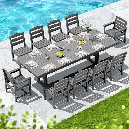 SERWALL 11 Piece Outdoor Dining Set, 84" HDPE Outdoor Table and Chairs for 10，All Weather Patio Furniture Set with Umbrella Hole for Backyard, Garden, Gray