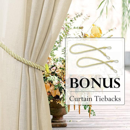 RYB HOME 2 Panels Outdoor Sheer Curtains for Patio Waterproof - Natural Linen Privacy Added Light Filtering Drapes with Tie Ropes for Gazabo Porch Pergoa Balcony, 52 X 84 Inches, Beige