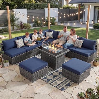 NICESOUL 10 Piece L-Shaped Outdoor Furniture Conversation with Fireplace Natural Gas/Propane, 29.3'' High Back Oversized Rattan Sofa Couch, Wide Deep Seated Patio Sectional, 2 Color Cushion Navy&Grey