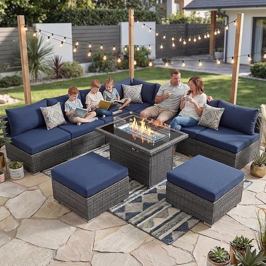 NICESOUL 10 Piece L-Shaped Outdoor Furniture Conversation with Fireplace Natural Gas/Propane, 29.3'' High Back Oversized Rattan Sofa Couch, Wide Deep Seated Patio Sectional, 2 Color Cushion Navy&Grey