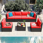 Vongrasig 7 Pieces Patio Furniture Sets, Outdoor All-Weather Wicker Patio Conversation Sets, L-Shaped Rattan Sectional Patio Sofa with Glass Table for Backyard, Red