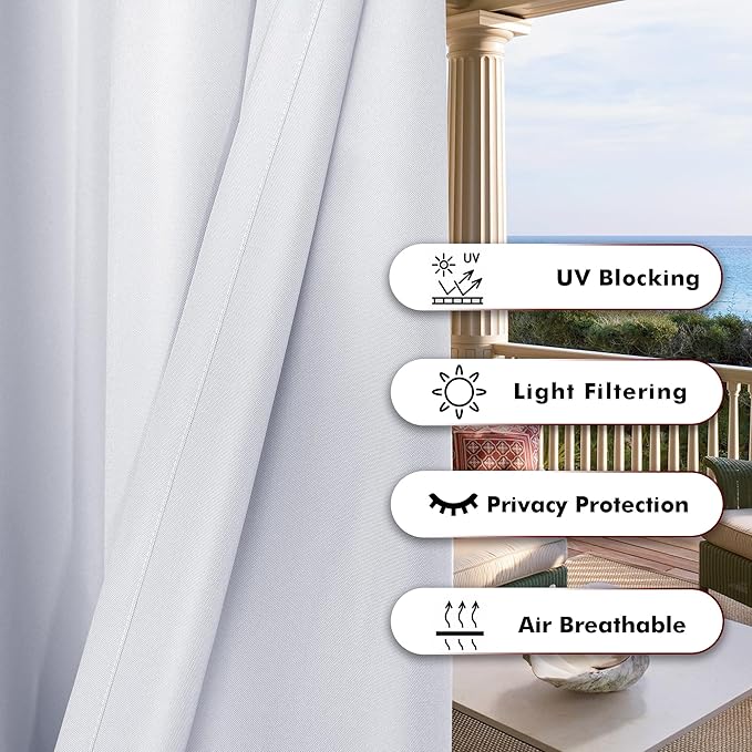 BONZER Waterproof Outdoor Curtains for Patio Porch Pergola Cabana Light Filtering Privacy Grommet Indoor Curtain Panels for Bedroom Living Room, 1 Panel, 54W x 95L inch, White