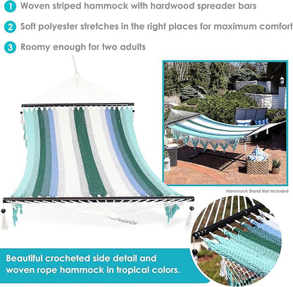 Sunnydaze Woven Double Hammock for Outside with Crocheted Edges and Spreader Bars - 600-Pound Weight Capacity Outdoor Hammock for Trees - Lagoon Stripes