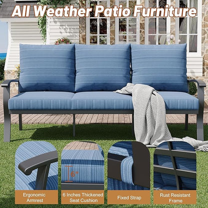 HOMREST Outdoor Couch Aluminum Patio Furniture Sofa, 3-Seat All-Weather Metal Outdoor Patio Furniture with Cushions, Blue