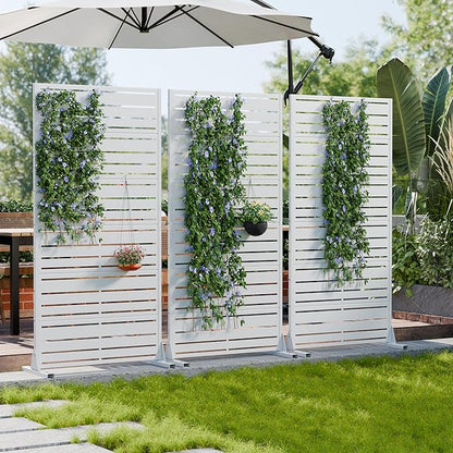 Casaphoria Metal Privacy Screen Outdoor, 72" H x 35" W Freestanding Decorative Privacy Screen for Patio Deck Balcony Garden with Stable Base, White-Benjamin