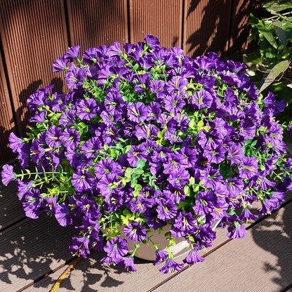 Artificial Flowers for Outdoors, UV Resistant Fake Silk Morning Glory, Realistic Faux Plants for Outside Porch Patio Window Box Hanging Planter (16, Purple)