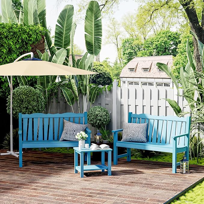 Outdoor Bench, Lake Blue HIPS Poly Lumber, 800 lb Capacity