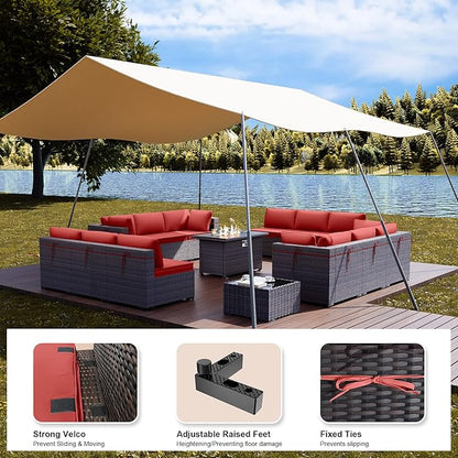 Kullavik 15 Pieces Outdoor Patio Furniture Set with 43" 55000BTU Gas Propane Fire Pit Table PE Wicker Rattan Sectional Sofa Patio Conversation Sets,Red