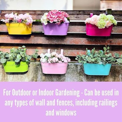 LaLaGreen Rail Planter Outdoor Plants (6 Pack, 11.8 Inch) Colorful Metal Iron Strawberry Hanging Flower Pots Deck Railing Fence Buckets Modern Wall Mount Window Box Plant Holder Hooks Porch Home Decor