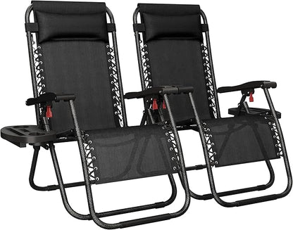 Yaheetech 26" Zero Gravity Recliners Outdoor Adjustable Folding Reclining Lounge Chairs w/Pillows, Cup Holder Trays and Carry Strap for Patio Backyard Beach New Black Set of 2