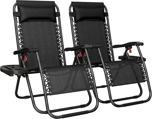 Yaheetech 26" Zero Gravity Recliners Outdoor Adjustable Folding Reclining Lounge Chairs w/Pillows, Cup Holder Trays and Carry Strap for Patio Backyard Beach New Black Set of 2