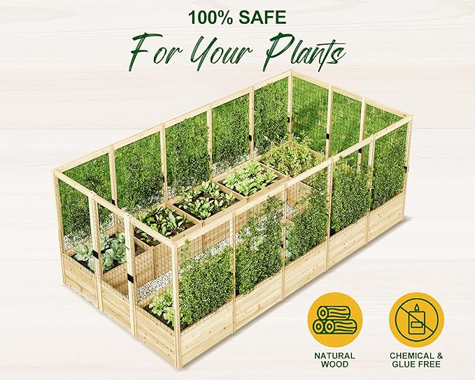 AMERLIFE U-Shaped Raised Garden Bed with Deer Proof Fence, 7.5Wx15Dx6H Outdoor Wooden Raised Garden Bed Planter with 19" Depth Planter Box