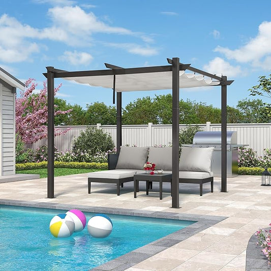 PURPLE LEAF 10' x 10' Aluminum Outdoor Pergola Wind-Resistant Retractable Pergola with Double Sun Shade Canopy Heavy-Duty Metal Pergola for Patios Backyard Deck Garden, White