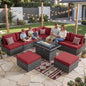NICESOUL Backyard Furniture Set with Firepits Natural Gas/Propane, 9 Seater XL Oversized Wicker Sectional Couches, 29.3'' High Back Comfy Deep Wide Outdoor Patio Sofa Set, 2 Color Cushion Red & Gray