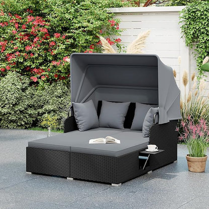 ORALNER Outdoor Daybed, 2-Person Wicker Patio Sofa with Retractable Canopy, Cushions & Pillows, 2 Side Trays, PE Rattan Double Sunbed Lounger for Deck Poolside Backyard Garden Balcony (Gray)