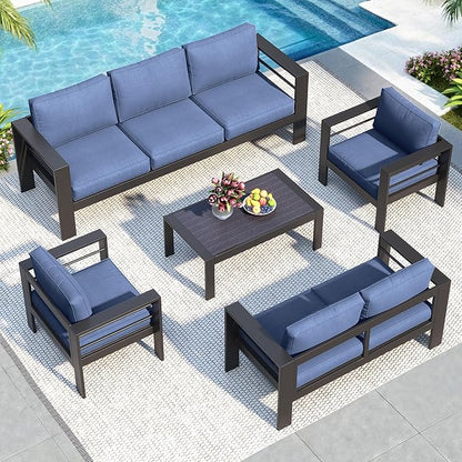 Solaste Aluminum Patio Furniture Set for All Weather, Modern Metal Outdoor Furniture Set with 27.5" Deep Seating and 3.2" Wide Armrest, Outdoor Patio Conversation Set with 10" Back Cushion, Blue