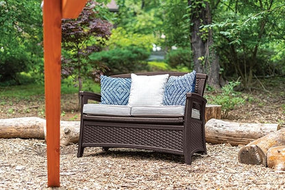 Suncast Outdoor Wicker Love Seat with 23-Gallon Storage, Comfortable Seating for Two, Ergonomic Back Support, All-Weather Furniture for Patio, Deck, and Garden, Java, Made in the USA