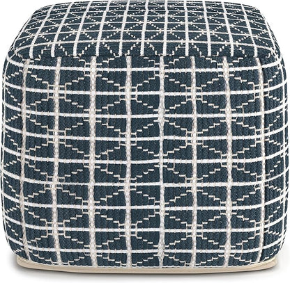 SIMPLIHOME Noreen Boho Square Pouf in Dark Blue and White Handloom Woven Pattern for the Living Room, Bedroom and Kids Room
