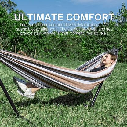 PNAEUT Double Hammocks with Stand for Outside, Portable Space Saving Heavy-Duty Steel Frame for Indoor Outdoor Patio Yard, Easy Assembly, 2 Person 450 lbs Capacity (Coffee)