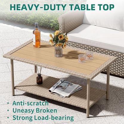 Wicker Coffee Table with 2-Tier Storage, Brown Resin Frame