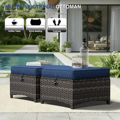 Joyside Outdoor Ottoman Set of 2, Patio Large Ottoman Foot Rest with Thickened Cushions, Outdoor Wicker Foot Stool for Porch, Deck Use