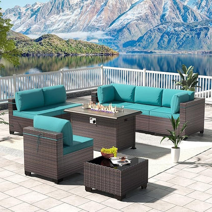 Kullavik 8 Pieces Outdoor Patio Furniture Set with 43" 55000BTU Gas Propane Fire Pit Table PE Wicker Rattan Sectional Sofa Patio Conversation Sets,Blue