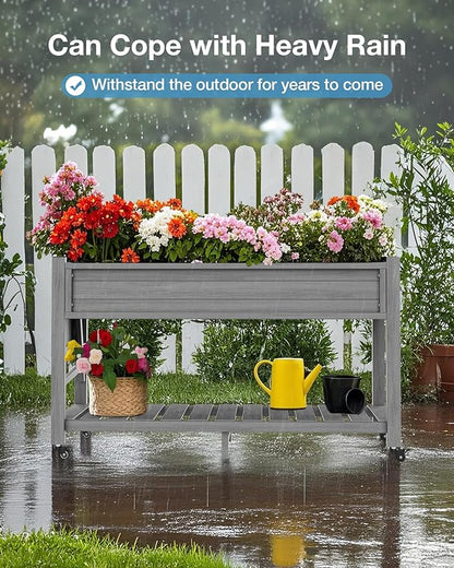 YEFU Raised Garden Bed with Legs: 57x18x30in Elevated Poly Planter with Wheels,Waterproof Mobile Raised Bed Garden, Elevated Planter Box Stand with Storage Shelf,for Deck,Patio,Porch,Yard (Grey,2pcs)
