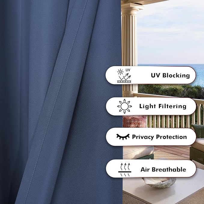 BONZER Outdoor Waterproof Curtains for Patio Privacy Grommet Light Filtering Outside Curtains for Gazebo, Porch, Pergola, Pavilion, 1 Panel, 54W x 84L inch, Navy