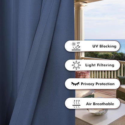 BONZER Outdoor Waterproof Curtains for Patio Extra Wide Grommet Light Filtering Outside Curtains for Gazebo, Porch, Pergola, Pavilion, 1 Panel, 150W x 108L inch, Navy