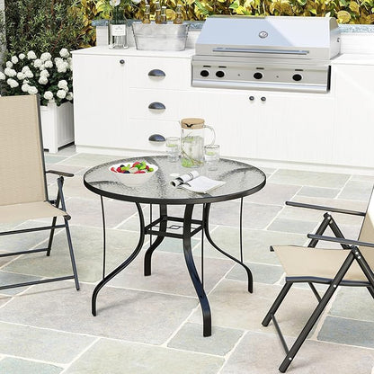 Outsunny 38" Round Patio Table with Umbrella Hole, Outdoor Dining Table Tempered Glass Metal Frame Bistro Table, for Deck, Yard, Balcony, Lawn, Pool, Black
