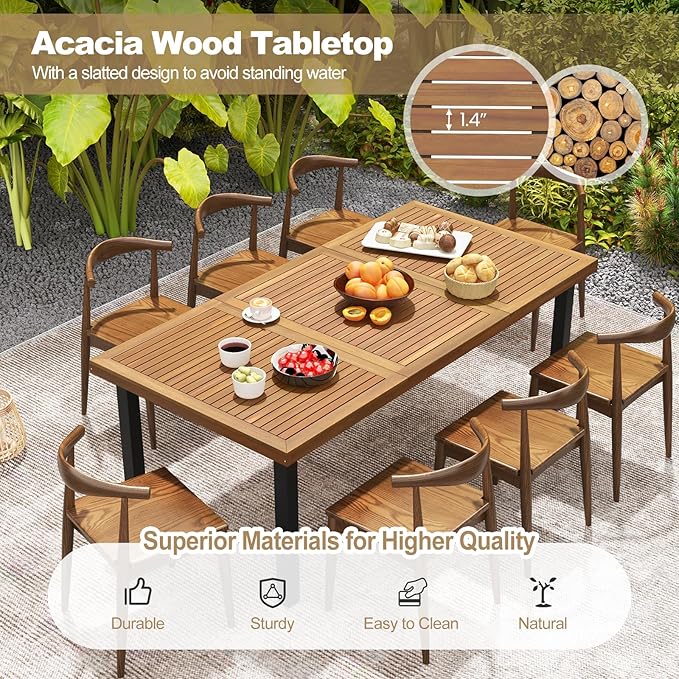 Tangkula 79" Acacia Wood Patio Dining Table for 8, Large 8-Person Outdoor Dining Table with 1.9" Umbrella Hole, Metal Legs & Adjustable Foot Pads, Rectangular Outside Table for Garden, Poolside & Yard