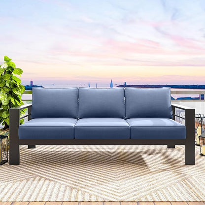 Solaste Aluminum Outdoor Couch, 3-Seat Metal Outdoor Sofa with Water-Resistant Cushion, Weather-Resistant Modern Patio Sofa, Black Frame Blue Cushion