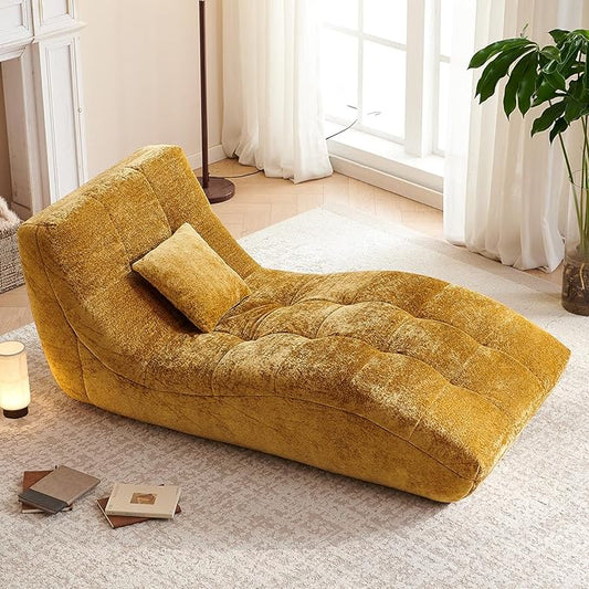 Chaise Lounge Chair with Curved Back, Modern Upholstered Recliner Sofa, Tufted Accent Lounger Comfortable Lazy Chair for Bedroom, Apartment (Yellow)