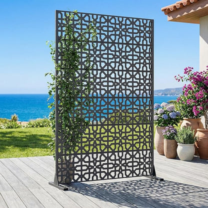 Casaphoria Metal Privacy Screen Outdoor, 72" H x 47" W Freestanding Decorative Privacy Screen for Patio Deck Balcony Garden with Stable Base, Drakgrey-Perilla