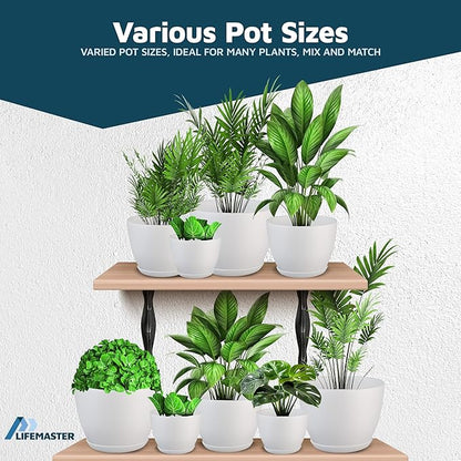 White Plant Pots with Drainage Holes & Saucers 15 Pack, Indoor & Outdoor Stackable Space-Saving Planters for Houseplants & Flowers, (7", 6.7", 6", 5.3", and 4.8" Inches), Durable & Weatherproof