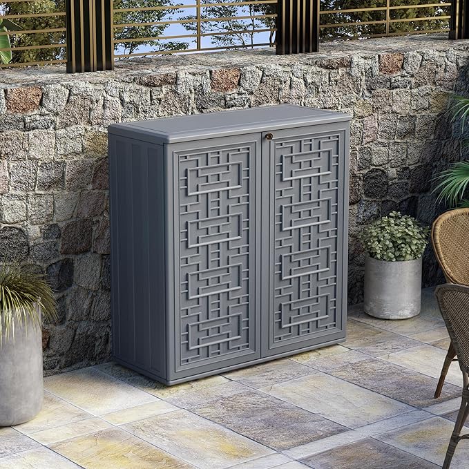 Indoor Outdoor Storage Cabinet Waterproof with Shelf,Plastic Storage Sheds Outdoor Cabinets for Patio/Garden/Backyard, Size 34.3''L*15''W*36.2''H（Gray）