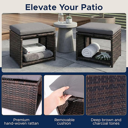 Outdoor Storage Ottoman (Set of 2) - All-Weather Wicker Patio Footstool with Washable Cushions - Sturdy Rattan Foot Rest & Hidden Box for Deck, Porch, Backyard & Balcony