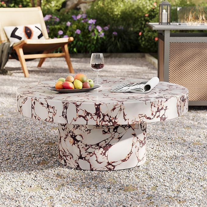 Modway Alora Round Concrete Coffee Table with Faux Stone Finish in Red Marble - Cement Accent Table for Living Room - Stone Patio Center Table - Indoor Outdoor 34 Inch Low Coffee Table