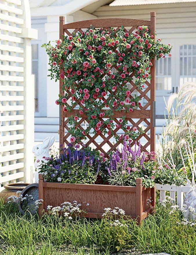 GarveeLife 2-Pack Tall Wood Planter Box with Trellis, 61.5" H Raised Garden Bed on Wheels, Vertical Stand Planter with Drainage Holes for Patio, Balcony & Outdoor Garden